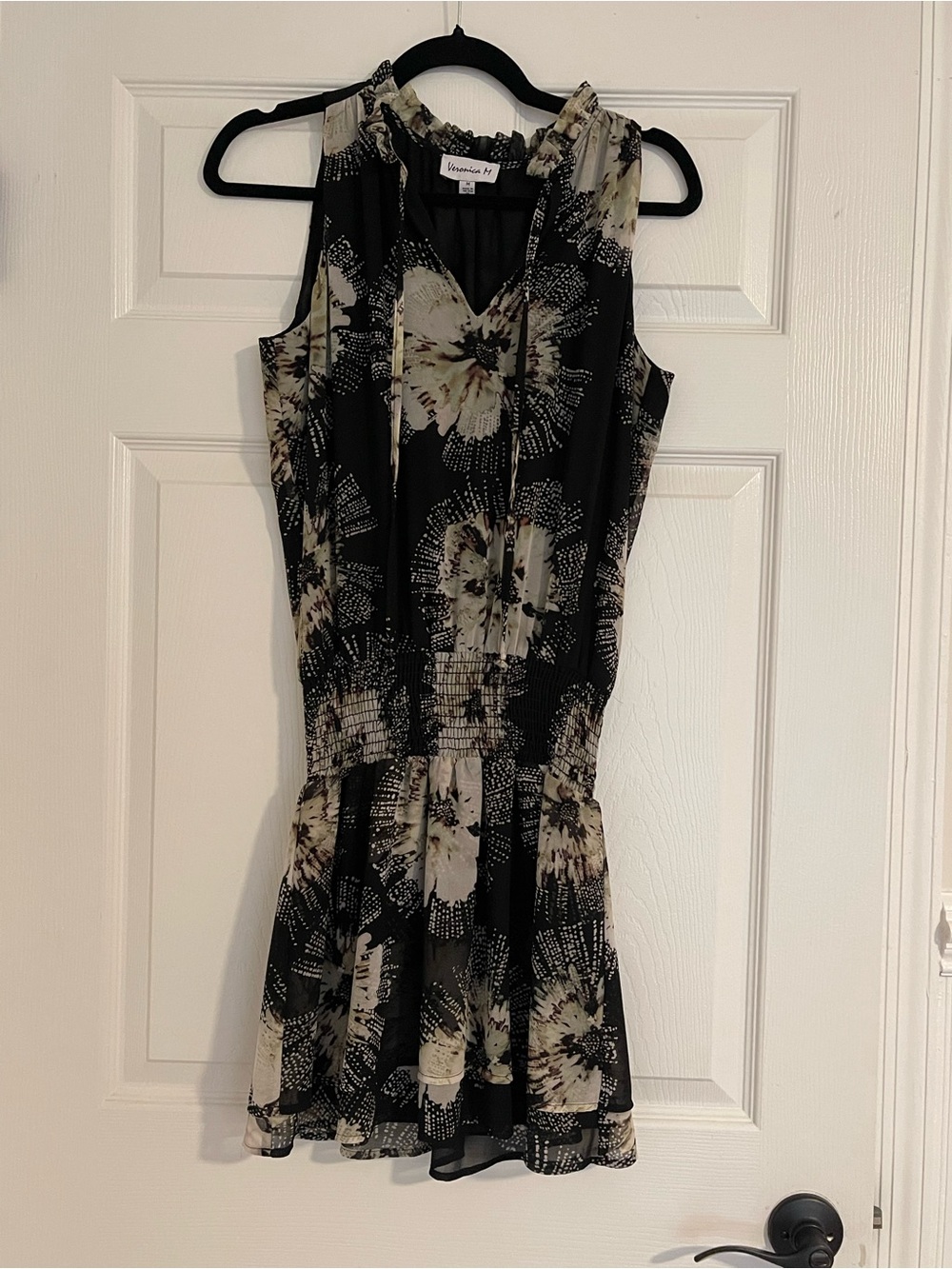 Veronica M Black Floral Smocked Waist Mini Dress